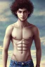 Placeholder: beautiful 12 year old arabic boy with long, curly hair and light blue eyes, not muscular, smiling, shirtless, embraced by his father