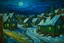 Placeholder: A dark blue snow covered Christmas themed Viking village painted by Vincent van Gogh