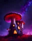 Placeholder: An asymmetrical mushroom house in the night sky. in space. Bright Bold Bright Colors, white purple red, Stark Dark background. Detailed Matte Painting, deep color, fantastical, intricate detail, splash screen, hyperdetailed, insane depth, Fantasy concept art, 8k resolution, trending on artstation, Unreal Engine 5, color depth, Deep Colors, backlit, splash art, dramatic, splash art Style. High Quality, Painterly, Whimsical, Fun, Imaginative, Bubbly, good detail, perfect composition,