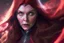 Placeholder: Wanda Maximoff, mulher, cabelos ruivos, olhos vermelhos brilhantes, de lado destruindo algo com sua magia vermelha, traje da feiticeira escarlate, dramatico, 4k render, imagem cinematográfica. Cores frias,