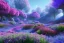 Placeholder: monde en fleurs bleu pink fuksia, concept art, crépuscule , trees bleu pink violet oranger, vibrant Color, réaliste