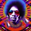 Placeholder: a realistic picture of Jimi Hendrix at a turntable with headphones on being a DJ, vivid color, with sunglasses, psychedelic trippy art, with UFOs in the background