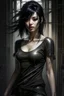 Placeholder: pretty girl, aged 15, black hair, dystopia, athletic, digital art, black bodysuit