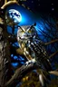 Placeholder: a horned Owl sitting on branch in oak tree with full moon behind it