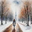 Placeholder: "realistic" full size a woman in a snowy avenue walking towards a white tower. There are trees along the path. The leaves are withered and brown. The sky is grey. watercolor wet on wet, romantic, detailed, award winning, colourful, focused, nikonD850
