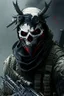 Placeholder: A soldier in the game modern warfare, he wears a skull mask with horns that covers his eyes. The lower half of his face is covered by a mask with a bloody fanged grin. He is a sniper, but can also run point. His call sign is Wraith. Couple