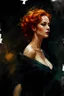 Placeholder: christina hendricks as saffron at a dance in a barn :: dark mysterious esoteric atmosphere :: digital matt painting with rough paint strokes by Jeremy Mann + Carne Griffiths + Leonid Afremov, black canvas