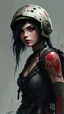 Placeholder: a digital painting or rendering of a female character in a post-apocalyptic or cyberpunk style. She is wearing a damaged helmet and tattered clothing, with various straps and accessories. The overall color palette is muted with splashes of red and hints of green. The style is highly detailed and realistic, with a focus on texture and detail in the clothing and character's appearance. There is no discernible question or problem presented in the image.