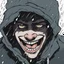 Placeholder: a closeup of a psychopathic young man with white eyes in a heavy coat and hood during a rainstorm laughing cartoon