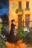 Placeholder: Night, vegetations, flowers, one woman, distant house, mistery, gothic horror films influence, gustave caillebotte, and gustave moreau paintings