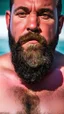 Placeholder: top view close up photography of a muscular chubby burly bearded marocan fisherman relaxing sunbathing sitted in a small fischer wooden boat , bulge, tattoo, ugly, 49 years old, short beard, bullneck, emotive eyes, photorealistic, 35mm lens, Canon EOS, 8k