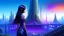 Placeholder: skinny sci-fi girl with long dark hair on an alien planet with tall spires, buildings, bridges, and arches