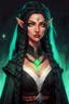 Placeholder: Young beautiful female Hexblood warlock character. Lightly tanned skin. Long straight jet-black hair to the waist. Half-up hairstyle with two loose Dutch braids on each side. Bright glowing pale emerald-red eyes. Delicate face. High cheekbones. Full lips. Soft smile. Slightly pointed ears. Faint dark vine-like markings on neck and collarbone. Black cloak. Realistic dark fantasy. Highly detailed. Cinematic lighting.