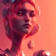 Placeholder: A beautiful portrait of a cute cyberpunk woman facing camera orange color scheme, high key lighting, volumetric light high details with white stripes and feathers