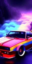 Placeholder: An muscled car at the bottom of an streaming river, lots of clouds within neon lights, thunder