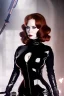 Placeholder: Christina Hendricks dressed in black leather catsuit, with a whip in her hand, inside a dungeon, busty, cleavage, angry, stern look, volumetric lighting, particales,highly detailed,cinematic, deep colours,8