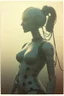 Placeholder: steampunk, vintage analog polaroid of a woman robot, female body, fog, lomography, heavy film grain, sun, color bleed, depth of field, bokeh, retro