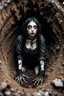 Placeholder: behind her mud and rats, Closeup tall Girl goth with big eyes, fullbody, ragged clothes, extended like roots, the perspective looking up from the bottom of an empty well , 8k,macro photography,