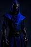 Placeholder: UDH, Masterpiece, Professional Photograph of 36 years old shadar-kai, warlock, dark blue and black outfit, black mask over mouth, black cowl, short sword, full body,