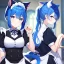 Placeholder: Clear Focus, High resolution, wearing a maid uniform, fluffy hair and a long ponytail, blue hair, cat ears, meowing