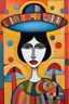 Placeholder: Lady in big hat, rough face, vibrant colors, children catalan folk art, patchs, black lines, non-figurative mode, combined abstract art with Surrealist fantasy in dadaism, surrealism style