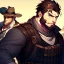 Placeholder: Portrait. Bearded gunslinger with short brown hair and serious blue eyes.