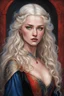 Placeholder: painting, Maegelle Targaryen, 16, epitomizes Targaryen allure with her golden locks, striking blue eyes, and a soft high cheeks. Her slender frame, adorned with delicate features, accentuates her royal elegance, while her graceful movements reflect youthful innocence and curiosity. She wears flowing black and red gowns in silk and embroidery