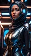 Placeholder: Ultra-detailed benevolent cyborg hijab in a spaceship, with anthropomorphic cybernetic elements on metal armor, neon lights reflections, reflection mapping, intricate design and details, dramatic lighting, Cinematic lighting, Volumetric lighting, Epic composition, Photorealism, Bokeh blur, Very high detail, Sony Alpha α7iv, ISO1900, Character design, Unreal Engine, Octane render, HDR, Subsurface scattering, by addie digi