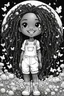 Placeholder: Create a coloring page of a abstract illustration of a chibi cartoon black young girl smiling wearing overalls and boots. . Highly detailed sister locs. Background of a large bubbles and butterflies all around her, black and white