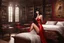 Placeholder: photorealistic slim woman looking like Vampirella in a bedroom with wooden furniture, bookcases and opulence