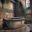 Placeholder: professional photography of an ancient bath,vines on the wall, wet brick walls, unreal engine 5, 8k resolution, photorealistic, ultra detailed