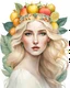 Placeholder: create an ethereal, light illustration of a divine blonde female with soft facial features, on a plain white background surrounding her, in the style of CHARLES RENNIE MACKINTOSH, with a crown of tropical fruits, painted in a faded colors,