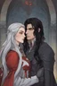 Placeholder: A couple from the dnd game curse of Strahd kissing. She has white hair he has long black hair.