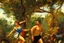 Placeholder: man running in colorful jungle by Caravaggio