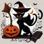 Placeholder: A detailed illustration of a print of a colorful cute black cat rides a broom has orange eyes and it wear witch hat and hold a book and peen next to a cute Halloween Pumpkin, hyper realistic high quality, t-shit desing graphic, vector, carton, contour, fantasy swirls splash, modern t-shirt design, in the style of Studio Ghibli, light white red and green pastel tetradic colors, 3D vector art, cute and quirky, fantasy art, watercolor effect, bokeh, Adobe Illustrator, hand-drawn, digital painting,