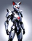 Placeholder: (((Full body))). Digital illustration of futuristic character with armor, dynamic. Elegant metallic suit adorned with sharp angular lines, silver colors, black details, red stripe on the chest. Helmet with pointed cat design, cat ears, bright red cat eyes, exuding menacing presence. Stylized, abstract artwork, sketch-like quality, vibrant colors emphasize intricate details of the armor