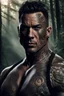 Placeholder: Jason David Frank Very muscular man with short hair and tribal tattoos in armani suit in forest, realistic face, close-up, dark fantasy, smoke in the sky, intricate details, hyper detailed