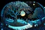 Placeholder: graphic drawing winter fantastical landscape, moon, round tree crowns, ice flowers, cold colors, a flat image with careful drawing and tracing of every detail, black background, cosmic bright color, folk art, Epic cinematic brilliant stunning intricate meticulously detailed dramatic atmospheric maximalist digital matte painting, perfect composition, masterpiece