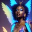 Placeholder: full body shot, masterpiece, best quality, black skinned, sparkling eyes, long hair, gorgeous African Fairy queen,wings,fluorescent skin,light blue makeup,synthwave, light indigo, trasparent , irridescent, highly detailed body, sun light, 4K, RAW, depth of field, high contrast, realistic details, 24mm vaporwave aesthetic, synthwave, artstation, concept art, smooth, extremely sharp detail, finely tuned detail, ultra high definition, 8 k, unreal engine 5, ultra sharp focus