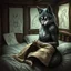 Placeholder: an anthropomorphic wolf woman hybrid with dark brown eyes full furry on her body sitting in the middle of a bed with a sewing needle and thread in her paw sewing a wide material belt, around her in the background are some paper with sketchy line kind drawings from monster on the walls of the wooden house, high realistic, detailed, cinematic, sci-fi, digital art, dark fantasy mood