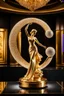 Placeholder: A magnificent cristal and gold heart-shaped sign adorned with a stunning berliant sphere encrusted with sparkling diamond clusters at its center, elegantly spinning in position,a golden statue of a girl in standing pose