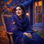 Placeholder: Hyper Realistic Photographic-Close-Face-View of Beautiful Young Happy Pashto Woman Wearing Navy-Blue-Dress-With Purple-Embroidery & Purple Shawl Happily Sitting Outside Her Blue on her rocking-chair Colored-House-with-Orange-windows at beautiful-night with leaves-falling from thick-trees with-moonlight-rays on her face showing dramatic & cinematic ambiance.