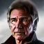 Placeholder: 8K space background with stunning photo realistic detailed head to waist portrait of harrison ford as han solo in star wars with photo realistic short hair by Luigi Lucioni, Pat Kelley, Sharp focus, brown eyes, weathered skin,space jacket from star wars, cinematic lightning