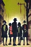 Placeholder: Design a detective book cover for teenagers. Three teenage detectives in the centre, one boy on her left, the girl in the centre and one on her right are on the town street. Black cat. Banksy style, pop art style, mysterious atmosphere,