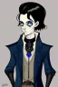 Placeholder: black haired blue eyed young man necromancer wizard with gothic jewelry in the style of charles addams