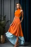 Placeholder: fullbody shot of young-beautiful-ozbek-with-a-perfect-face-with-make-up-wearing-orange top and midi pleated light blue skirt standing , prophesional photography studio