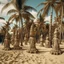 Placeholder: A tan beach with palm trees designed in Hawaiian tiki statues painted by Albrecht Durer