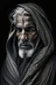 Placeholder: a photo of an Arabian man with ethnic jewelry, grey hair and grey flowing robe, in style of Annie Leibovitz, contemporary portrait of a mature yet beautiful and modernist man, black and grey, detailed masculine face, swirling fluid smokey enigma, award-winning artwork