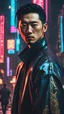 Placeholder: Young Asian Man, yakuza, Cyberpunk 2077, Blade Runner 2049, Renaissance Painting, Neon Lights, Renaissance Art Style, Refined Details, Rich Textures, Human Figure, Clothing, Accessories, Ornaments, Streetwear, Botticelli, Realistic, High-Detail, High-Resolution, Cyberpunk Aesthetic, Renaissance Aesthetic, Painterly Style, Atmospheric Lighting, Cinematic, Concept Art, Futuristic, Rembrandt, Character, Holding Katana, hannya mask