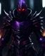 Placeholder: Black and purple assassin armour with a silver trim going down the armour and red highlights, shadowy flames erupting from the arms, glowing purple eyes